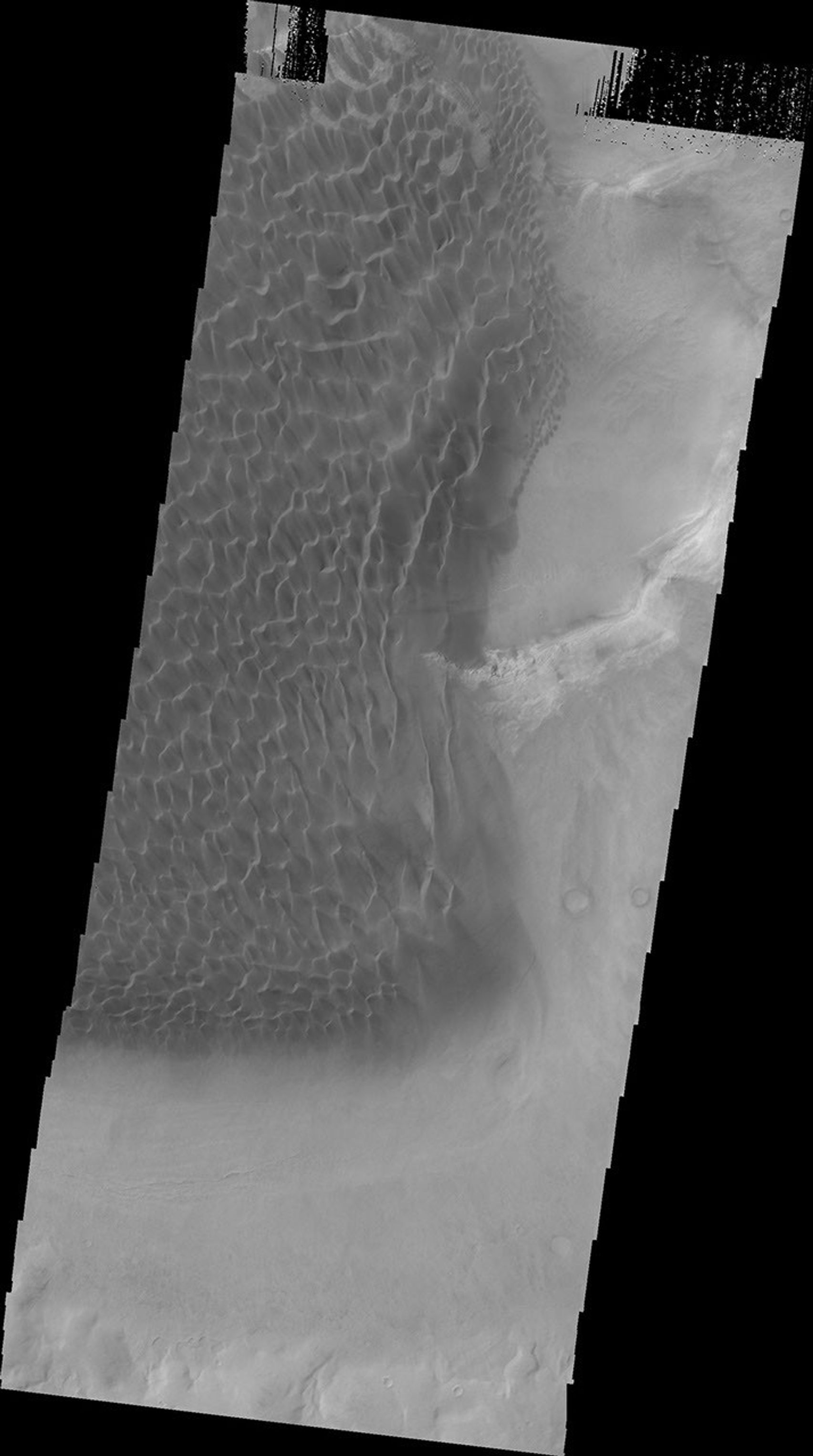 This image from NASA's 2001 Mars Odyssey of the dunes on the floor of Rabe Crater on Mars.