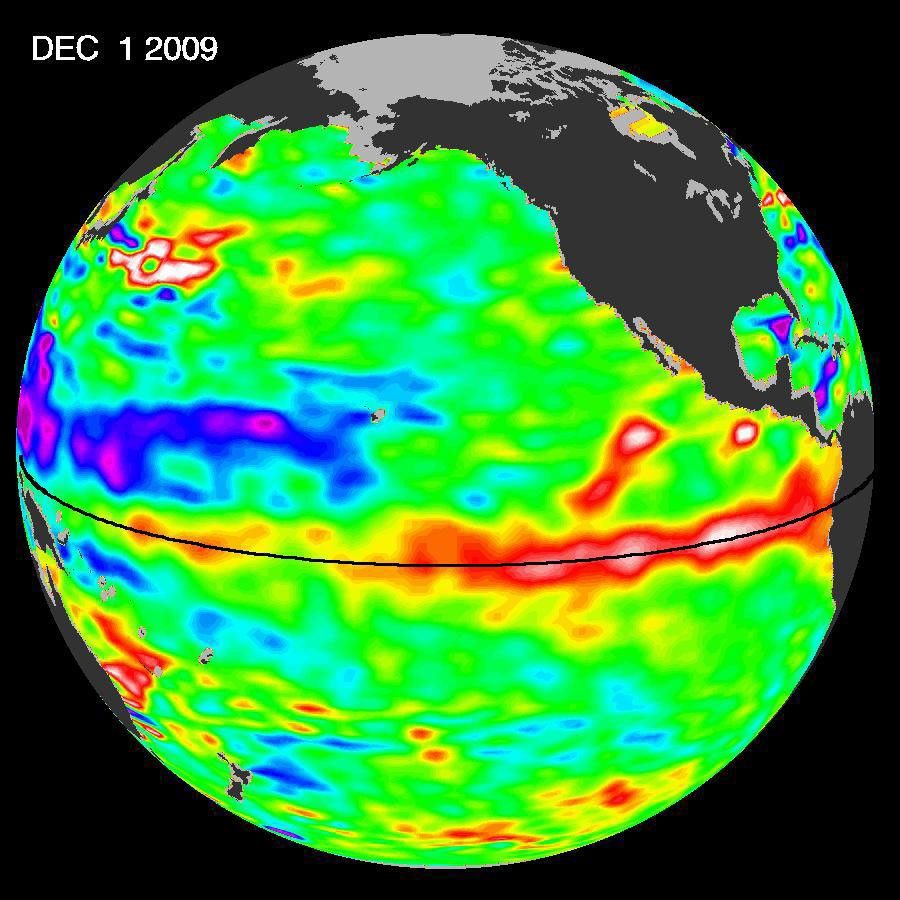 The most recent sea-level height data from the NASA/European Ocean Surface Topography Mission/Jason-2 oceanography satellite show the continued eastward progression of a strong wave of warm water, known as a Kelvin wave, now approaching South America.