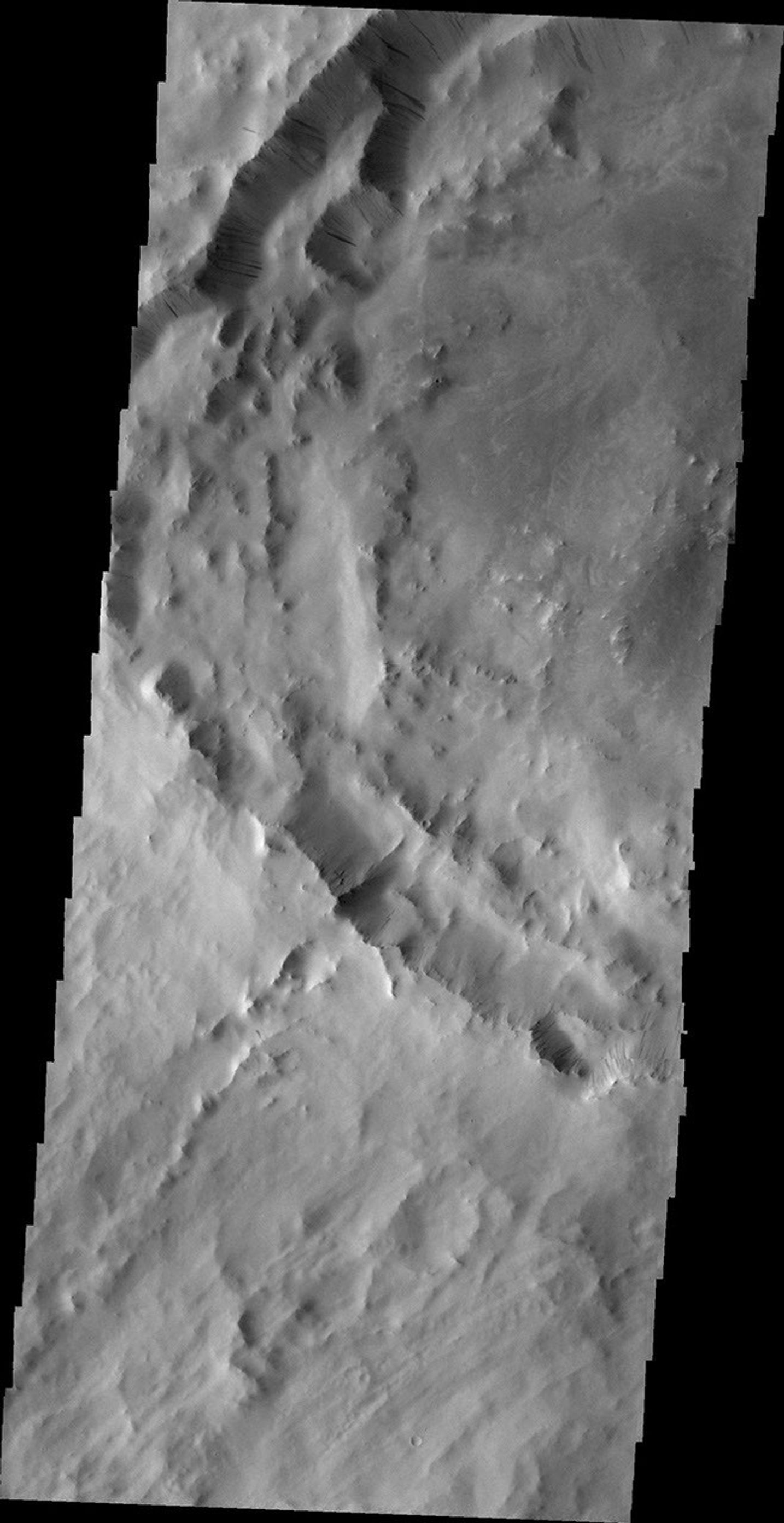 Numerous dark slope streaks mark the rim of this unnamed crater located on the rim of Henry Crater in this image taken by NASA's 2001 Mars Odyssey spacecraft.