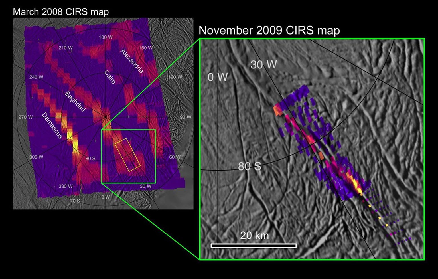 This map shows a dramatically improved view of heat radiation from a warm fissure near the south pole of Saturn's icy moon Enceladus. It was obtained by NASA's Cassini spacecraft during its Nov. 21, 2009, flyby of that moon.