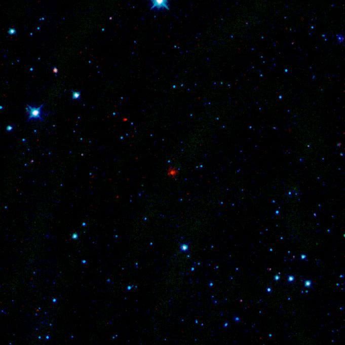 The red smudge at the center of this image is the first comet discovered by NASA's Wide-Field Infrared Survey Explorer, or WISE. The comet is a dusty mass of ice and parades around the sun every 4.7 years.
