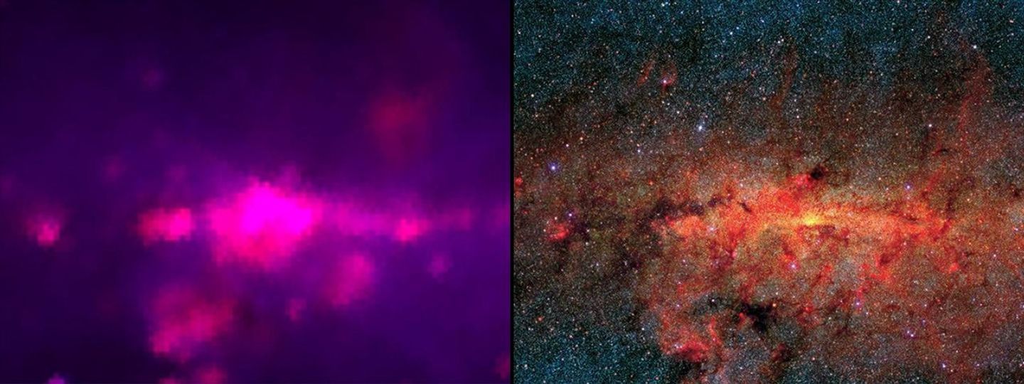 The image on the left shows an infrared view of the center of our Milky Way galaxy as seen by the 1983 Infrared Astronomical Satellite, which surveyed the whole sky with only 62 pixels. The image on the right shows an infrared view similar to what NASA's