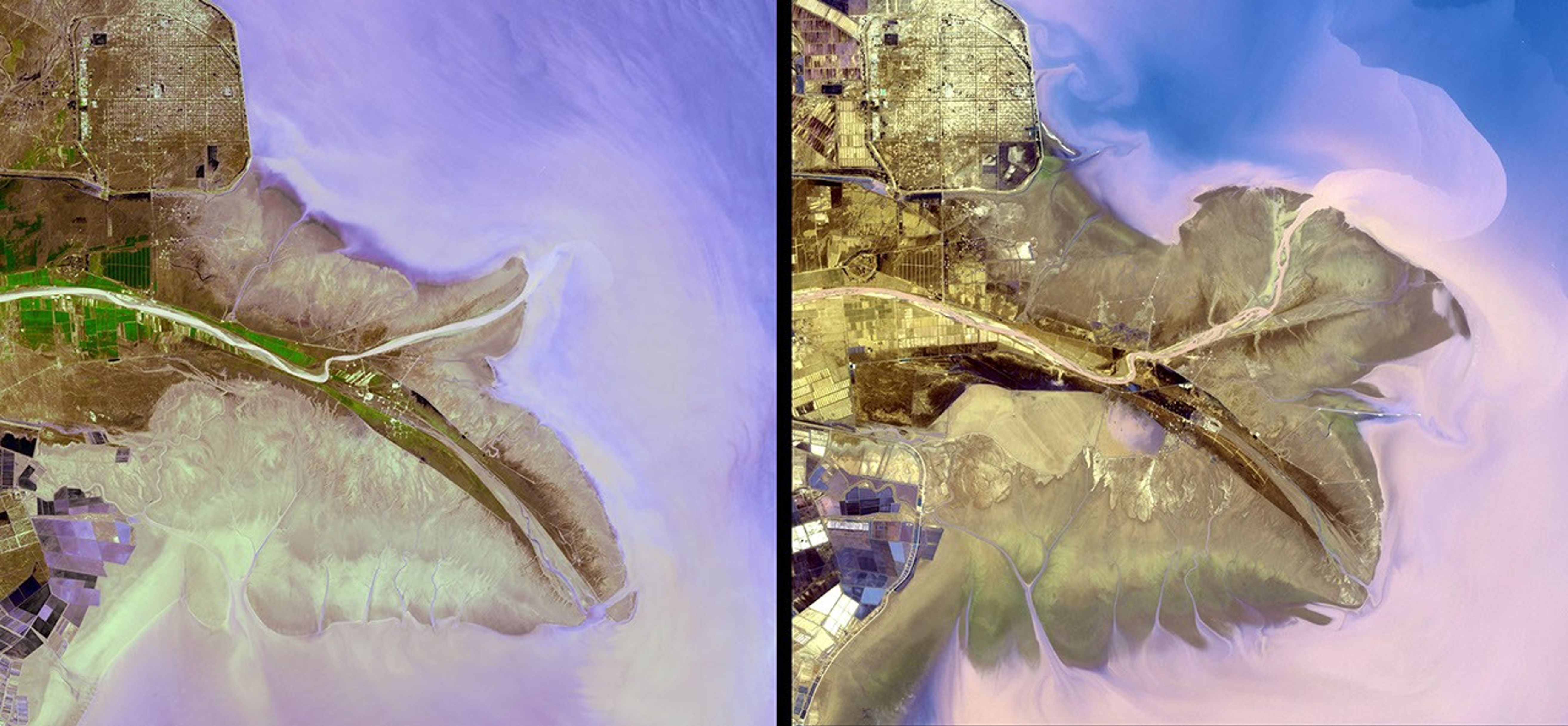 The Yellow River is the second-longest river in China, and the sixth longest in the world and makes many dramatic shifts over time. This image was taken with the ASTER instrument aboard NASA's Terra spacecraft in 2009.