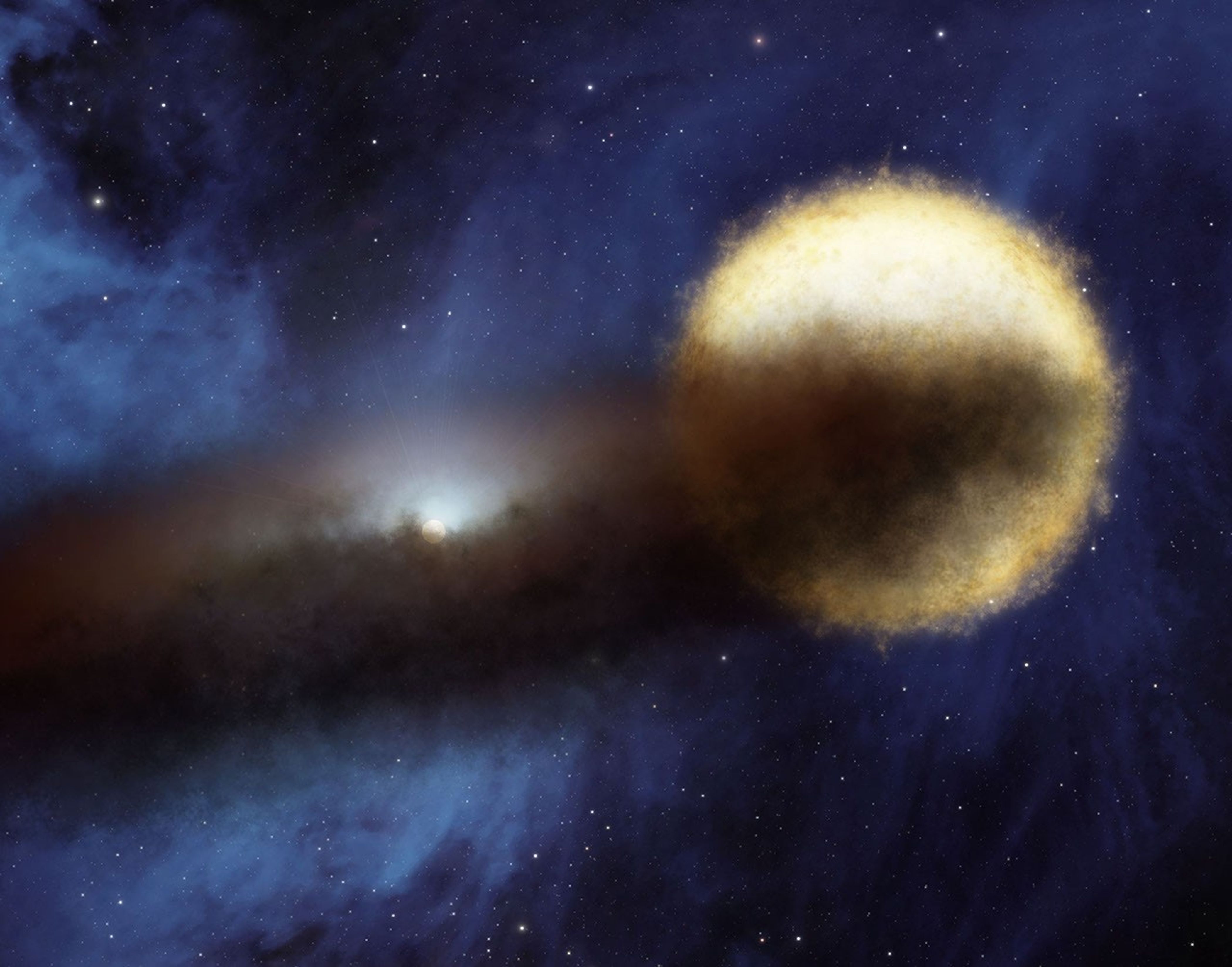 Every 27 years, a bright star called Epsilon Aurigae fades over period of two years, then brightens back up again. A companion is known to be surrounded by a dusty disk, as illustrated in this artist's concept.