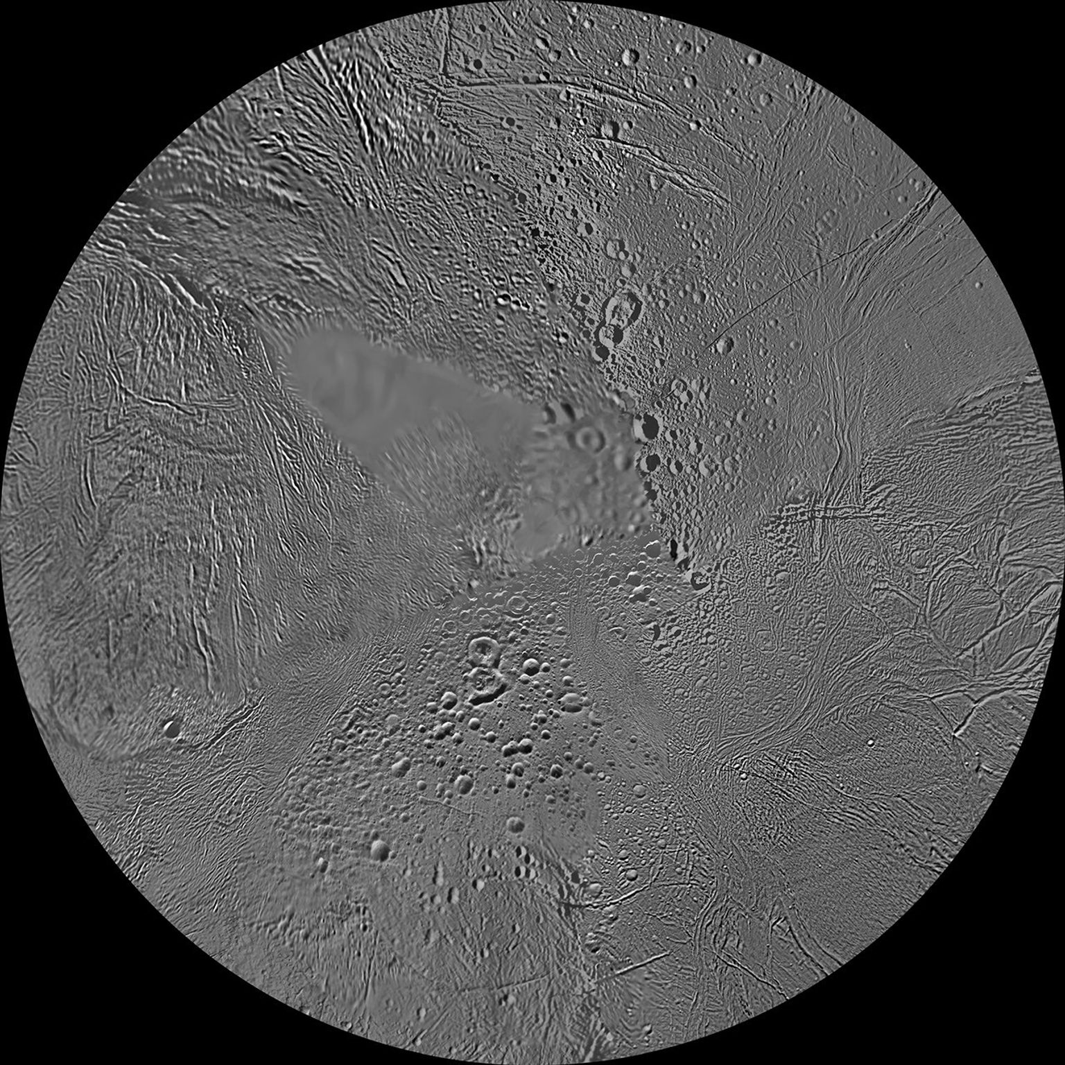 The northern and southern hemispheres of Saturn's moon Enceladus are seen in these polar stereographic maps, mosaicked from the best-available NASA Cassini and Voyager clear-filter images.