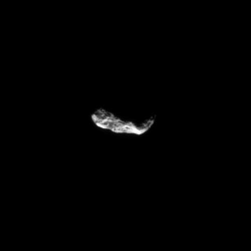 Myriad shadows cover the pitted surface of Saturn's small moon Hyperion in this image captured by NASA's Cassini spacecraft, which shows the moon's south pole on the right.