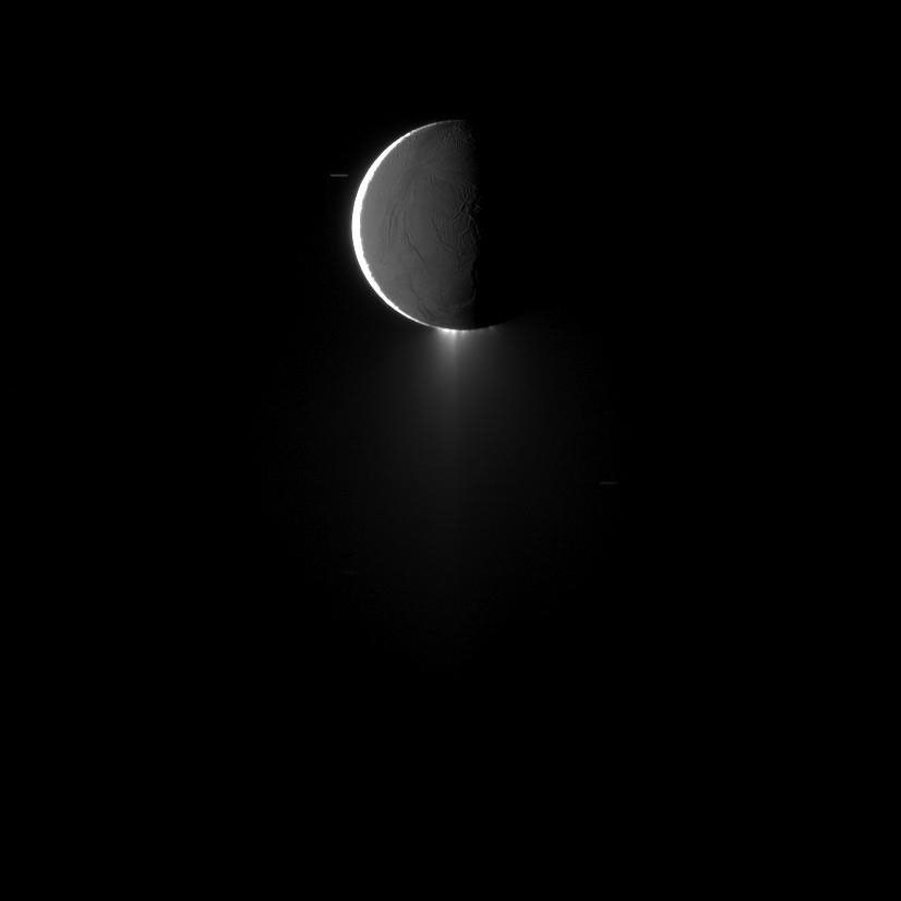 Saturn's moon Enceladus, imaged at high phase, shows off its spectacular water ice plumes emanating from its south polar region in this image captured by NASA's Cassini spacecraft.