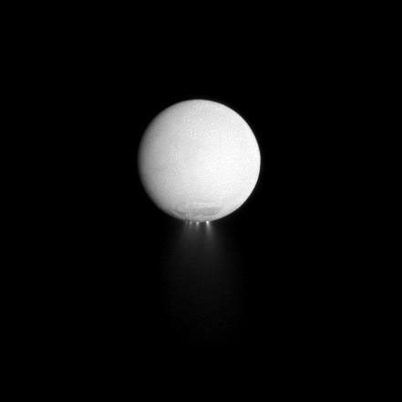 At least four distinct plumes of water ice spew out from the south polar region of Saturn's moon Enceladus in this dramatically illuminated image. Light reflected off Saturn is illuminating the surface of the moon while the sun backlights the plumes.