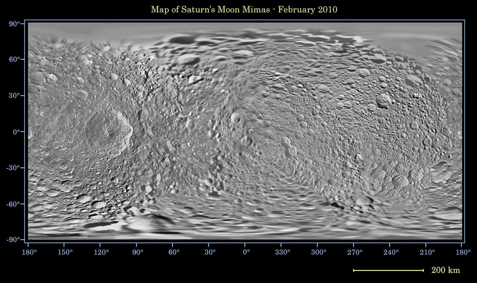 This global map of Saturn's moon Mimas was created using images taken during NASA's Cassini spacecraft flybys, with NASA's Voyager images filling in the gaps in Cassini's coverage.