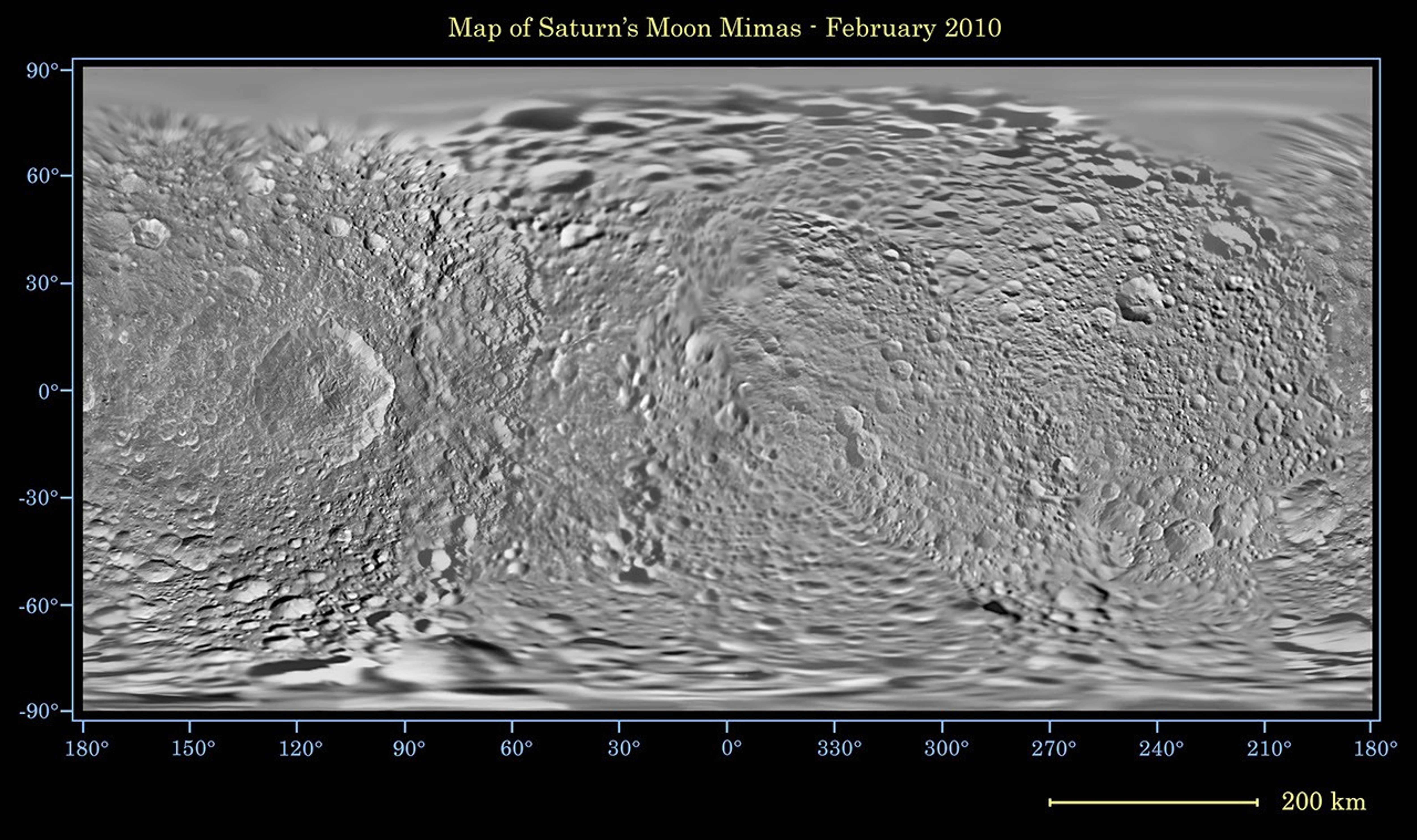 This global map of Saturn's moon Mimas was created using images taken during NASA's Cassini spacecraft flybys, with NASA's Voyager images filling in the gaps in Cassini's coverage.