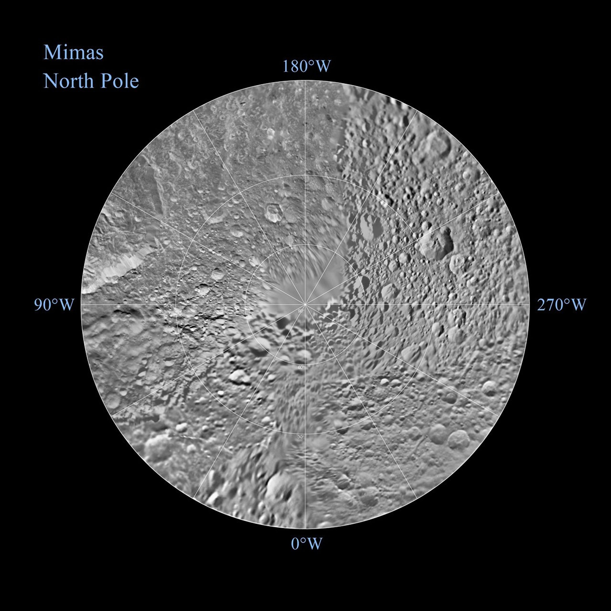 The northern hemisphere of Saturn's moon Mimas is seen in these polar stereographic maps, mosaicked from the best-available NASA's Cassini and Voyager images.