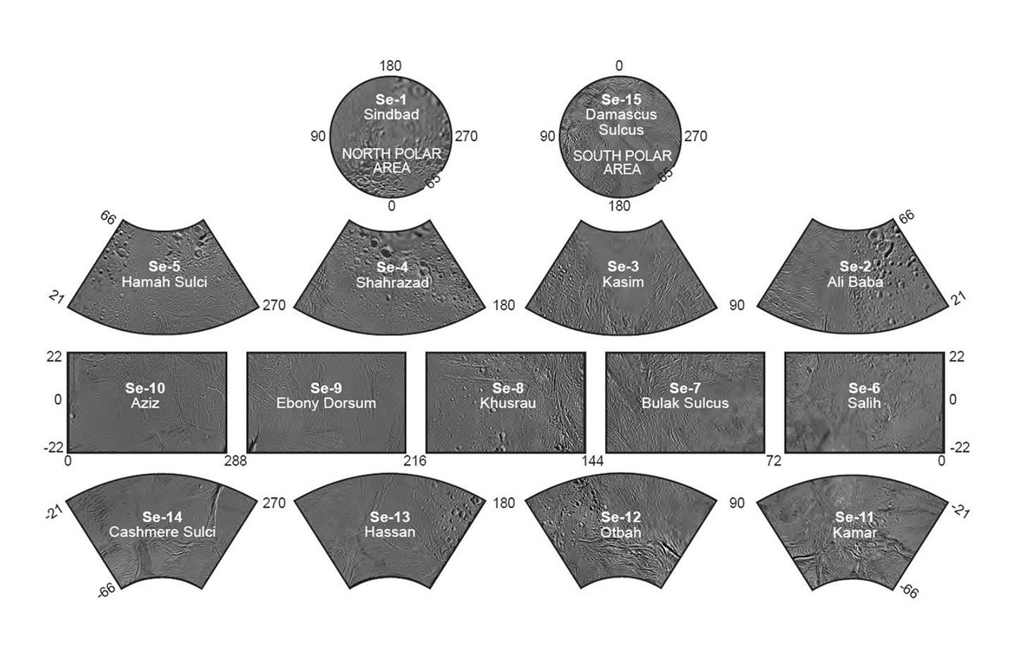 This map sheet covers a 15-series image set covering the entire surface of Saturn's moon Enceladus. The map data was acquired by NASA's Cassini imaging experiment.