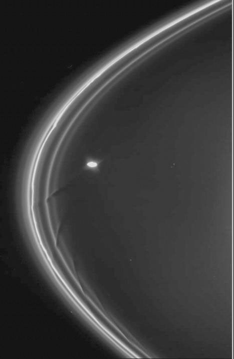 This image is from a simulation showing the changes to a portion of Saturn's F ring as the shepherding moon Prometheus swings by it. The animation uses data obtained by the imaging cameras aboard NASA's Cassini spacecraft.