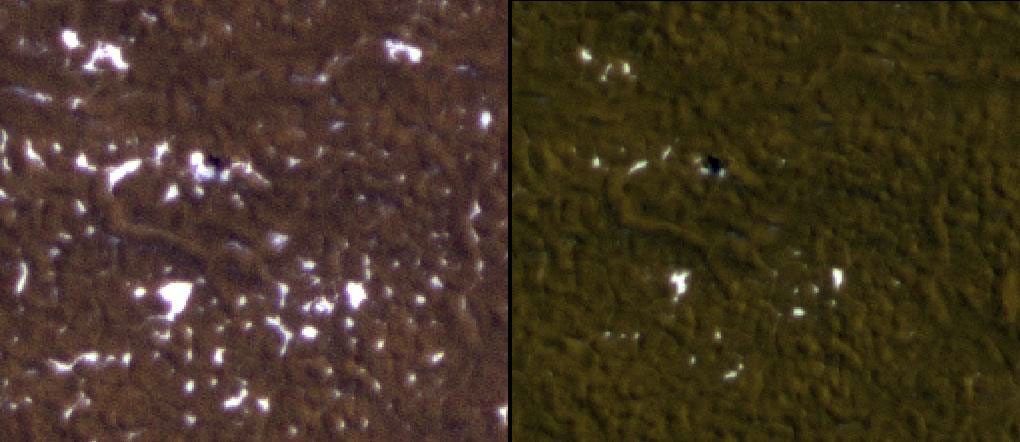 Stages in the seasonal disappearance of surface ice from the ground around the Phoenix Mars Lander are visible in these images taken by NASA's Mars Reconnaissance Rover on 2-8-2010 and 2-25-2010, during springtime on northern Mars.