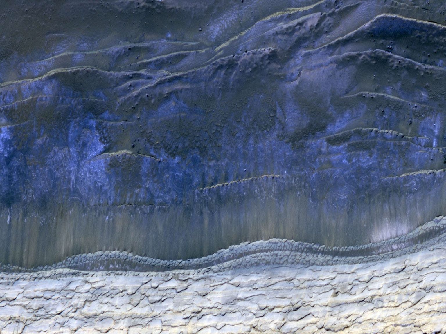 This image from NASA's Mars Reconnaissance Orbiter shows the scarp that demarcates the boundary between layered deposits covering the north polar region and the lower surrounding terrain, which includes sand dunes. Original release date March 3, 2010.