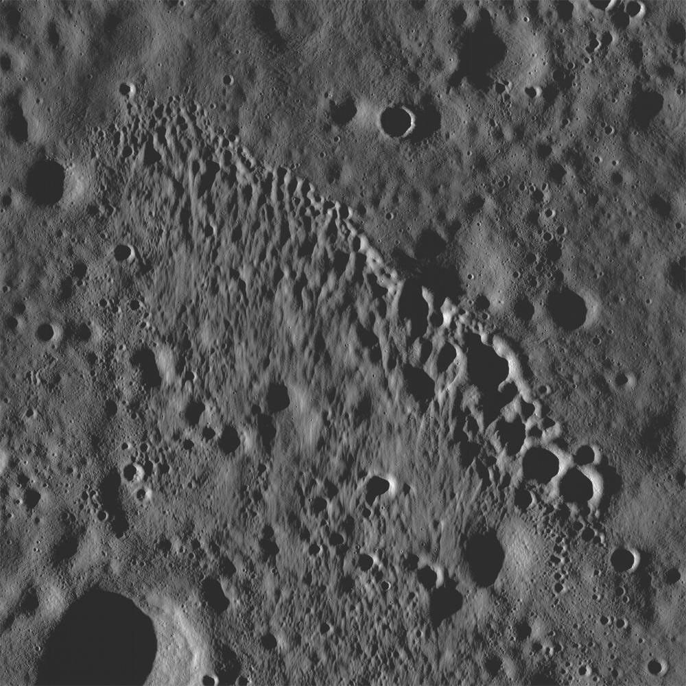 NASA's Lunar Reconnaissance Orbiter's showing a string of secondary craters from an impact crater to the north, probably Giordano Bruno.