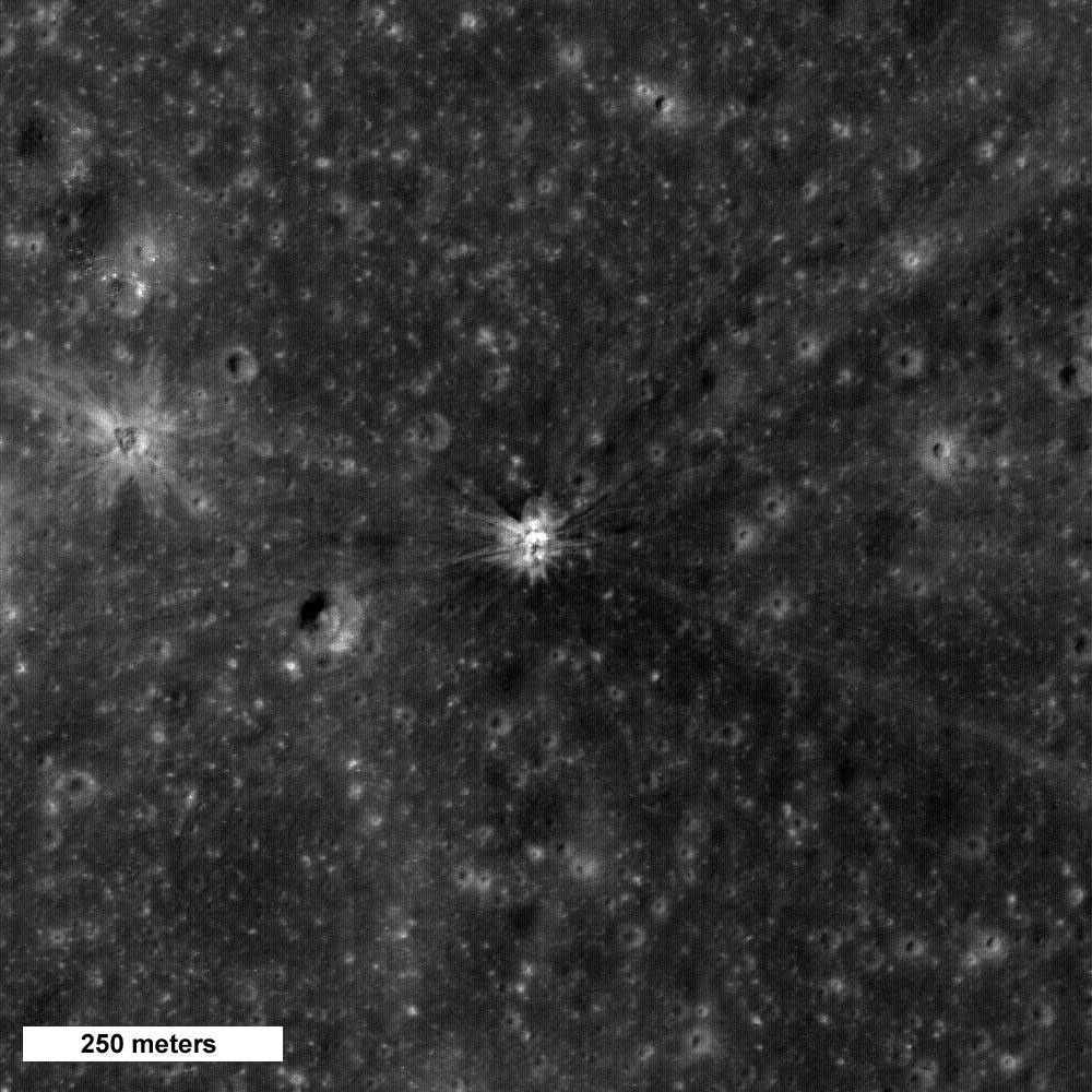 This image acquired by NASA's Lunar Reconnaissance Orbiter shows a crater (center of image) formed by impact of the Apollo 14 Saturn IVB booster.
