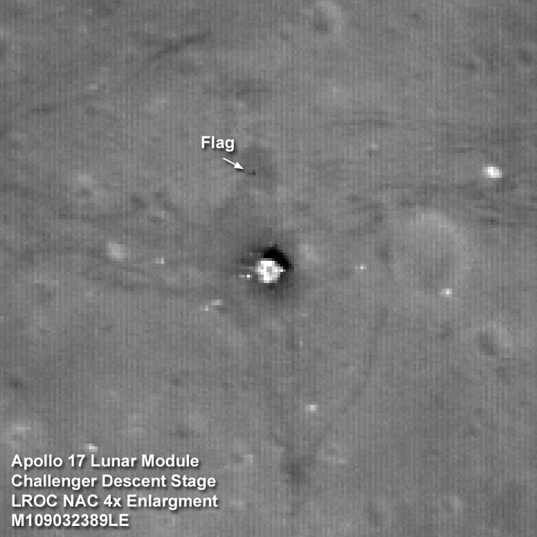 The Apollo 17 Lunar Module Challenger descent stage comes into focus in this image taken by NASA's Lunar Reconnaissance Orbiter.