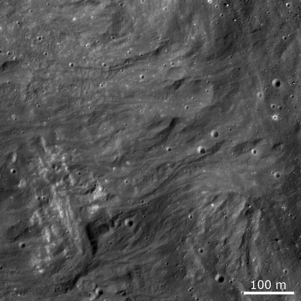 Frozen impact melt flows on the ejecta blanket of the young impact crater Giordano Bruno in this image from NASA's Lunar Reconnaissance Orbiter.