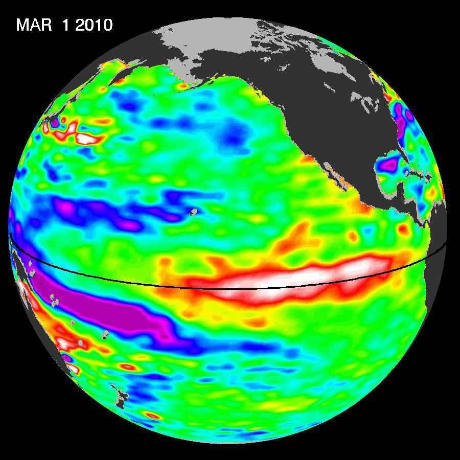 Recent sea-level height data from NASA's Jason-2 oceanography satellite show a weakening of trade winds in western and central equatorial Pacific during late-January through February has triggered yet another strong, eastward-moving Kelvin wave.
