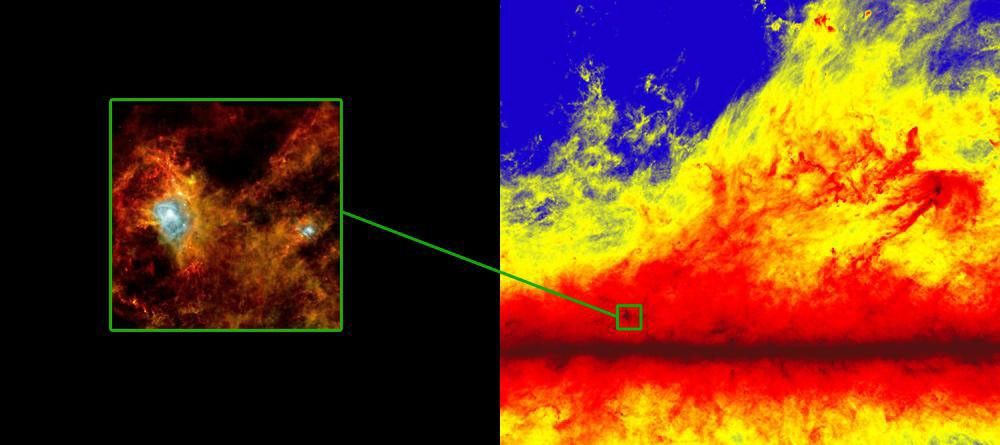 Filamentary structures in our Milky Way galaxy are apparent at large scales, as shown in this ESA image from Planck image, on the right, and small scales as seen the Herschel image on the left.