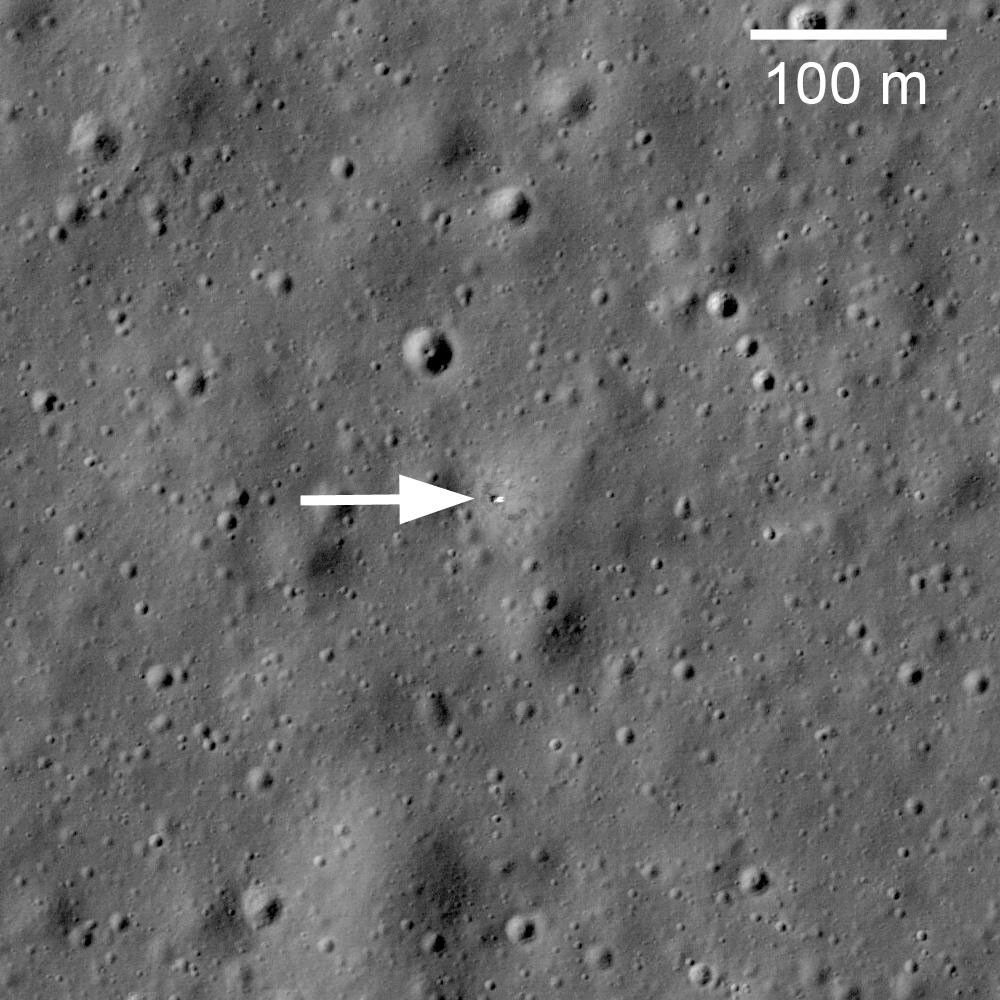 This image taken by NASA's Lunar Reconnaissance Orbiter shows Soviet robotic lander Luna 17 still sitting on Mare Imbrium where it delivered the Lunokhod 1 Rover in November 1970.