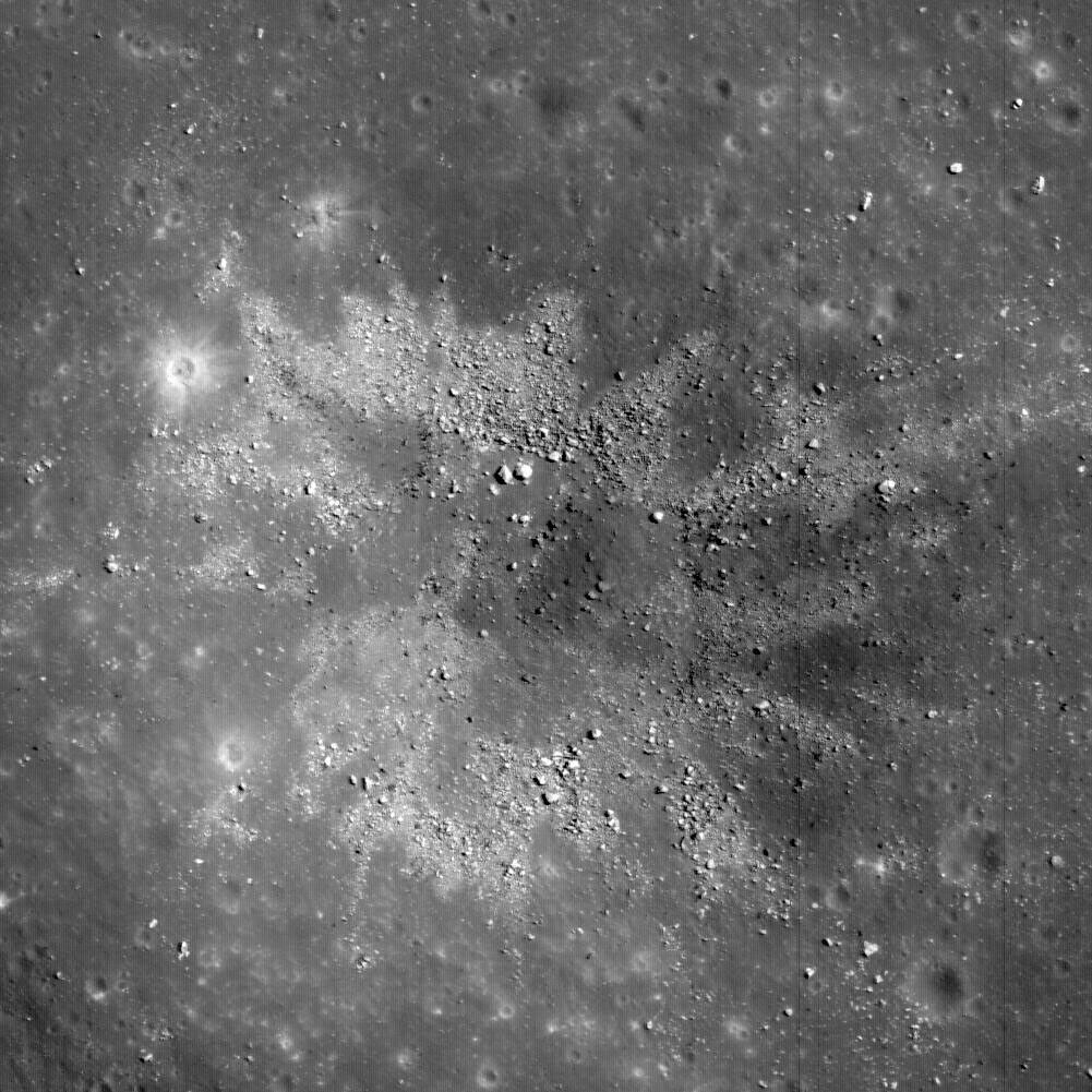 Materials excavated during formation of this ~450 m diameter impact crater have an unusual two-toned character, likely a reflection of heterogeneity in the target materials. This crater occurs in Balmer Basin. This image was taken by NASA's Lunar Reconnai