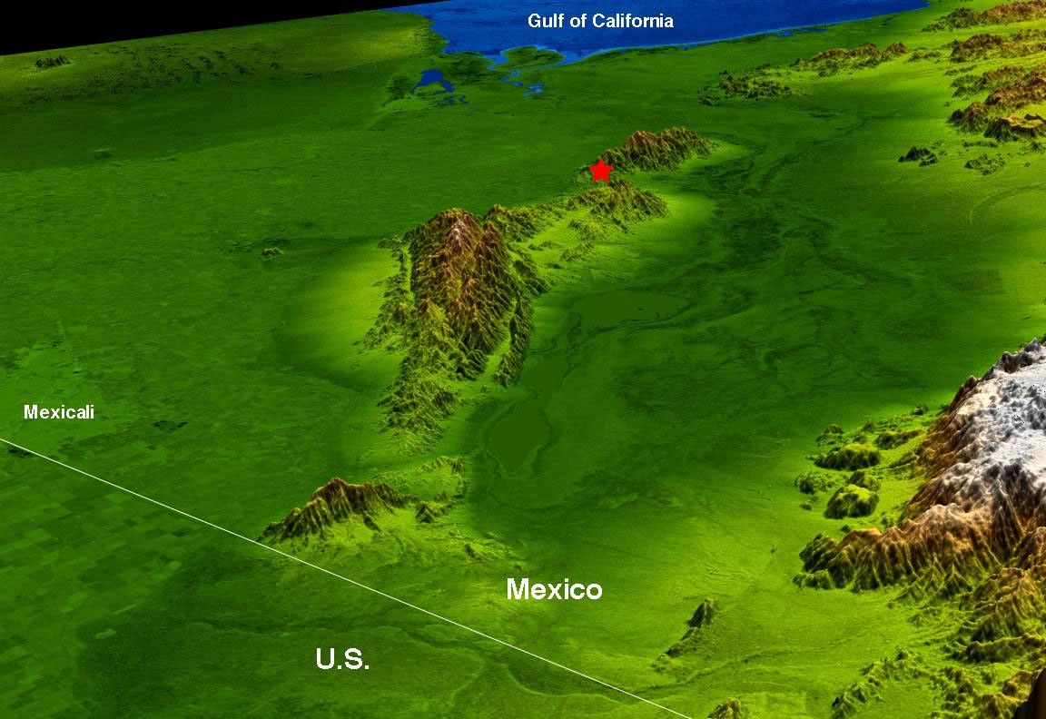 The topography surrounding the Laguna Salada Fault in the Mexican state of Baja, California, is shown in this combined radar image and topographic view with data from NASA's Shuttle Radar Topography Mission where a 7.2 earthquake struck on April 4, 2010.