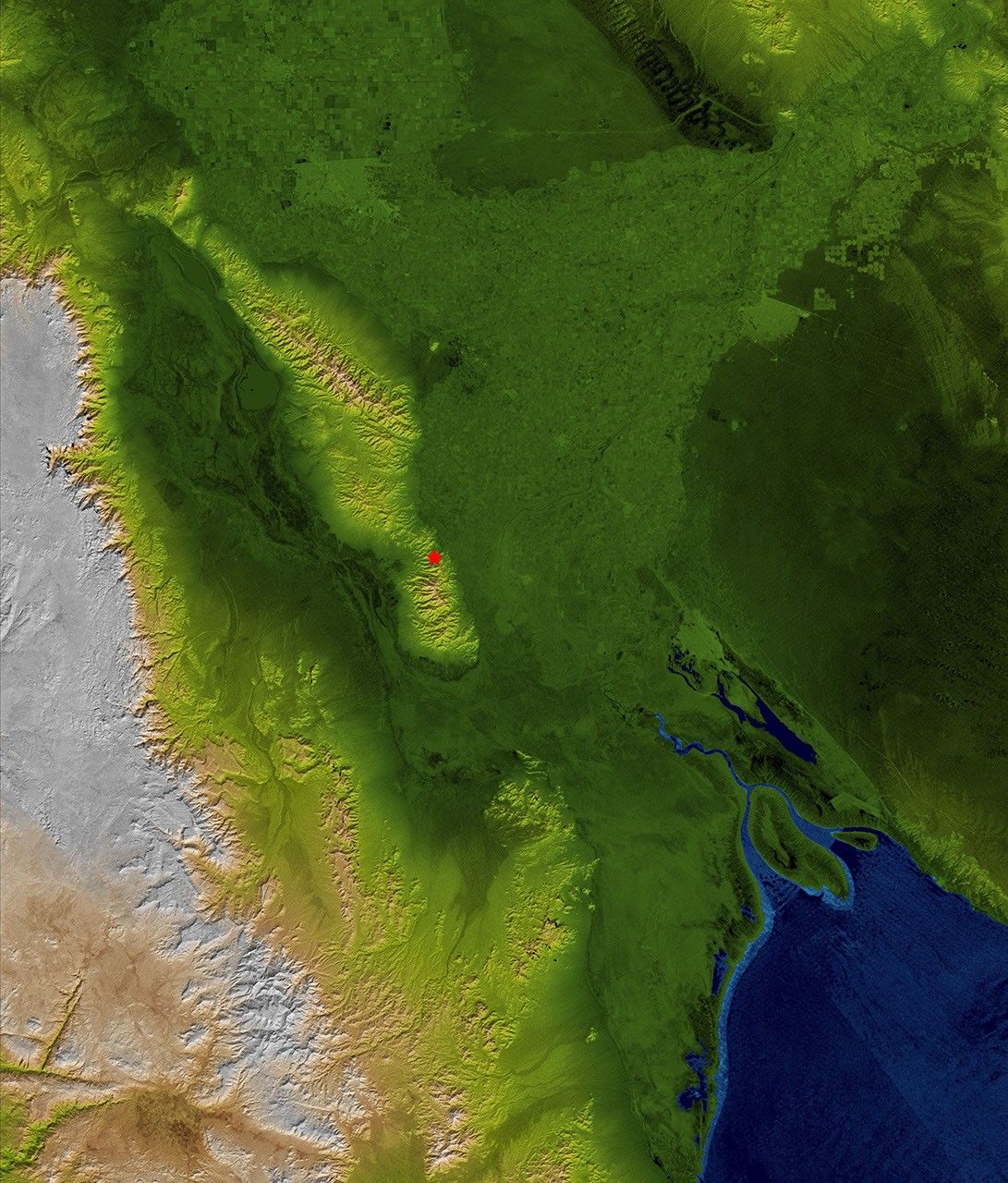 The topography surrounding the Laguna Salada Fault in the Mexican state of Baja, California, is shown in this perspective view with data from NASA's Shuttle Radar Topography Mission where a 7.2 earthquake struck on April 4, 2010.
