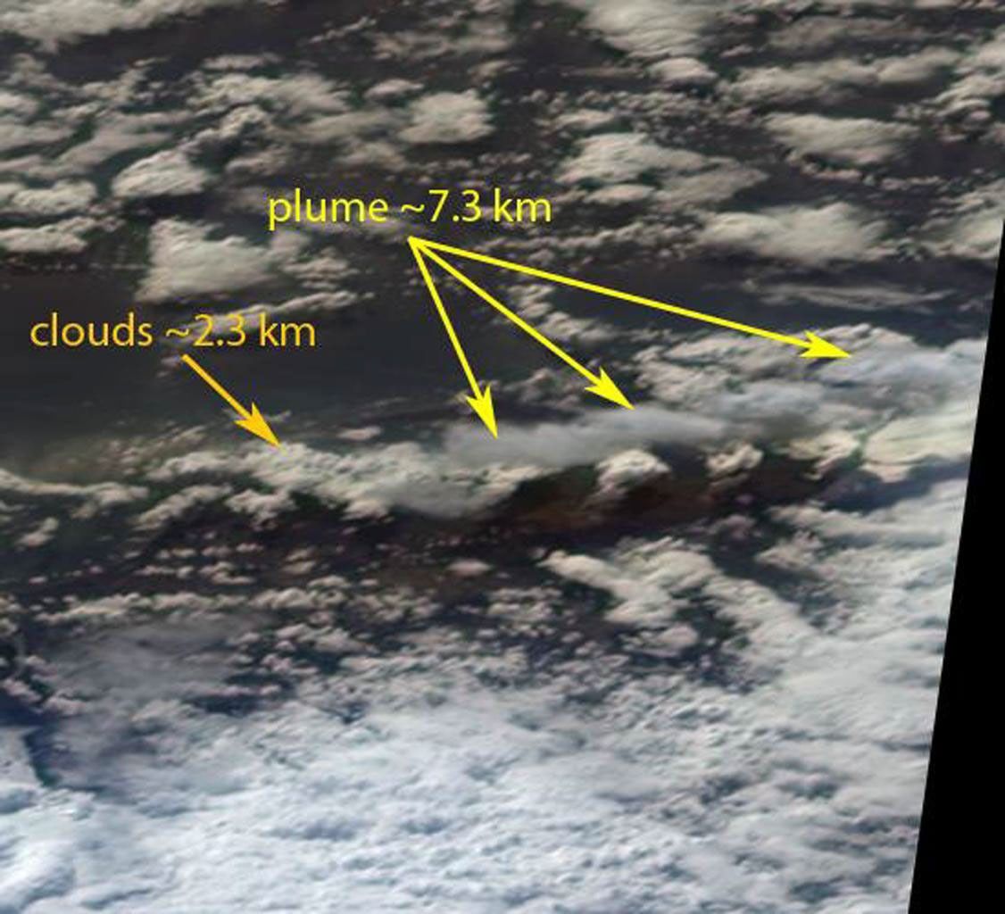 This image from NASA's Terra spacecraft shows ash plumes from Eyjafjallajökull Volcano, Iceland stretching over the North Atlantic; the volcano erupted on April 14, 2010 bringing closure to major airports in Europe.