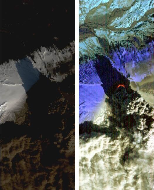 On Saturday, April 17, 2010, NASA's Earth Observing-1 (EO-1) spacecraft obtained this pair of images of the continuing eruption of Iceland's Eyjafjallajökull volcano. On the left, new black ash deposits are visible on the ground.