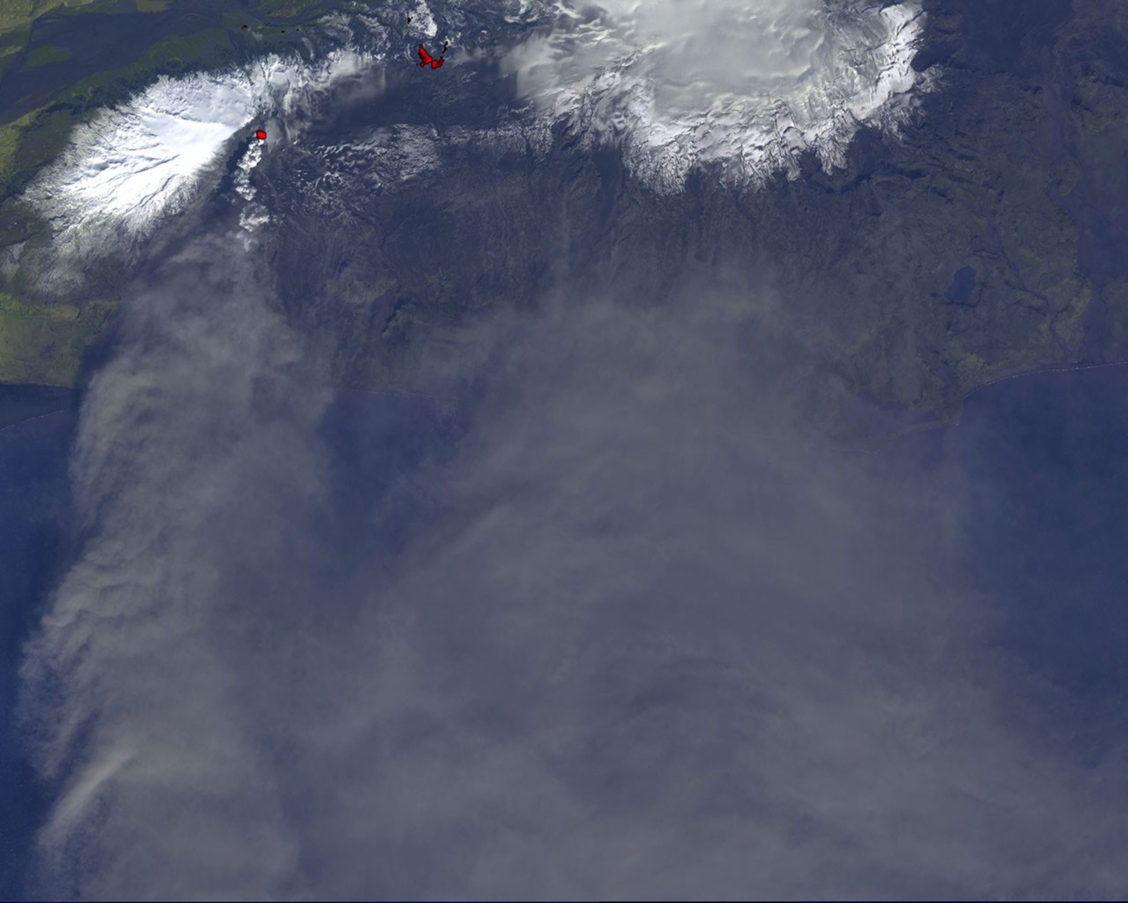On Monday, April 19, 2010, the Advanced Spaceborne Thermal Emission and Reflection Radiometer (ASTER) instrument onboard NASA's Terra spacecraft obtained this image of the continuing eruption of Iceland's Eyjafjallajökull volcano.