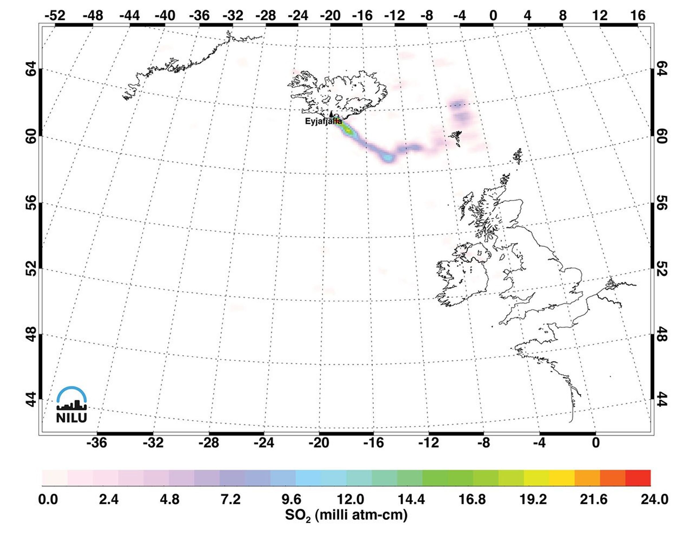 Images made with data from the Atmospheric Infrared Sounder on NASA's Aqua satellite, show sulfur dioxide released from the volcanic eruption of Eyjafjallajökull.