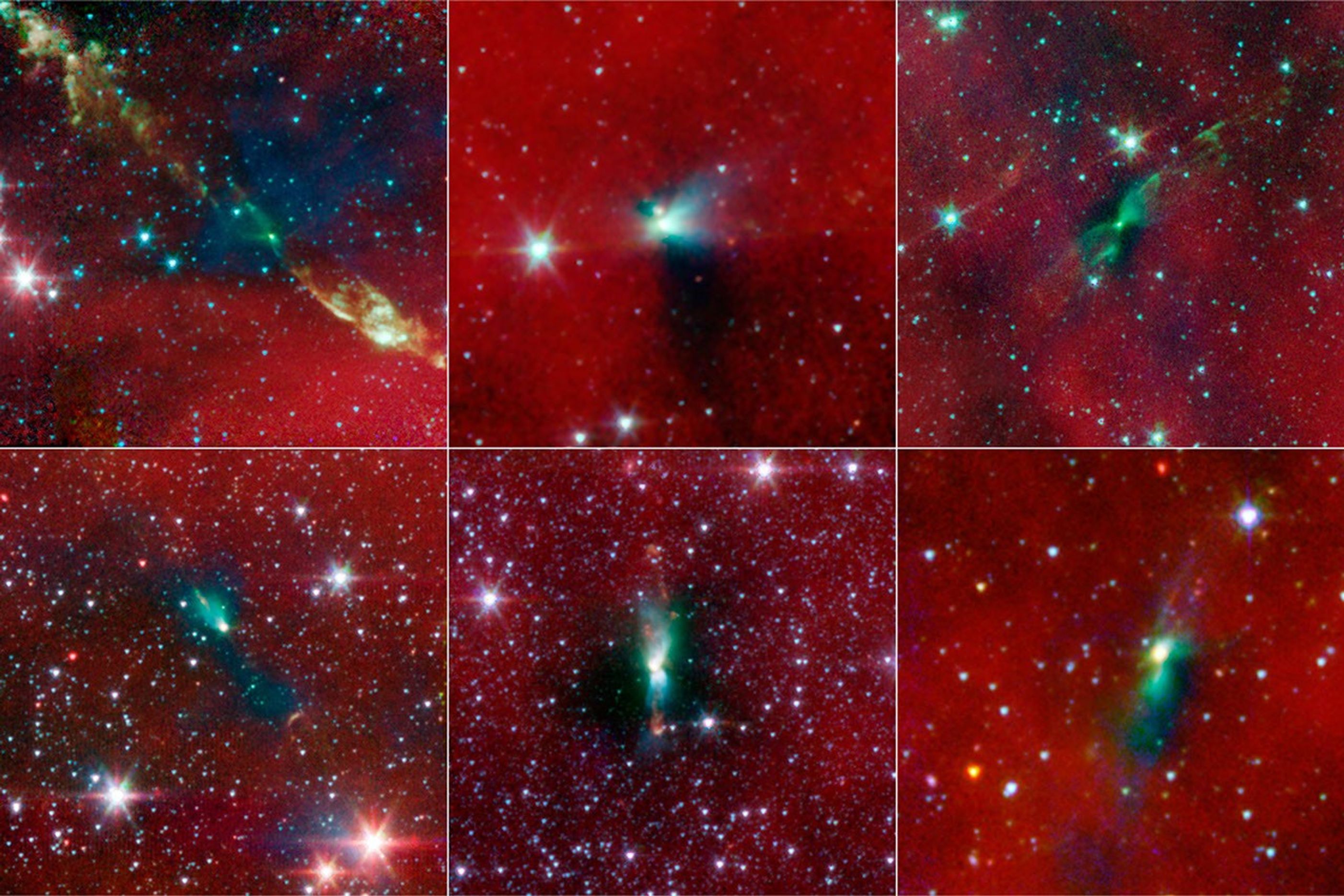 This image is one of six images taken by NASA's Spitzer Space Telescope, showing that tight-knit twin, or binary stars might be triggered to form by asymmetrical envelopes.