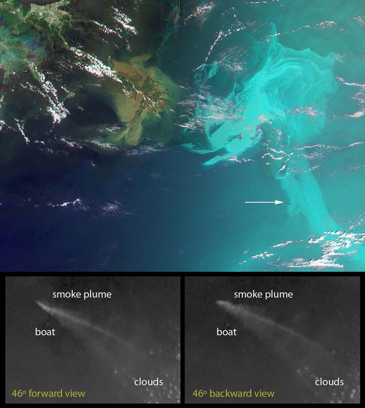 This false-color image, obtained by NASA's Terra spacecraft on May 17, 2020, indicates the former location of the drilling platform (red symbol) and pointing to a plume of smoke (white arrow).