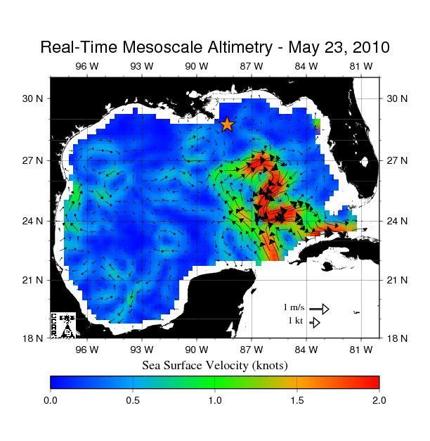 This map shows northern portion of the Gulf of Mexico's Loop Current, shown in red, appears about to detach a large ring of current, creating a separate eddy.