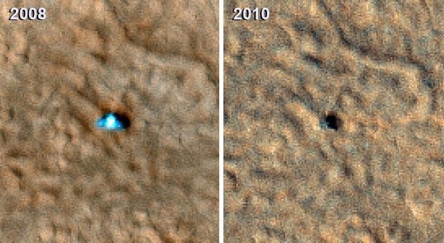 Two images of the Phoenix Mars lander as captured by NASA's Mars Reconnaissance Orbiter taken from Martian orbit in both 2008 and 2010.