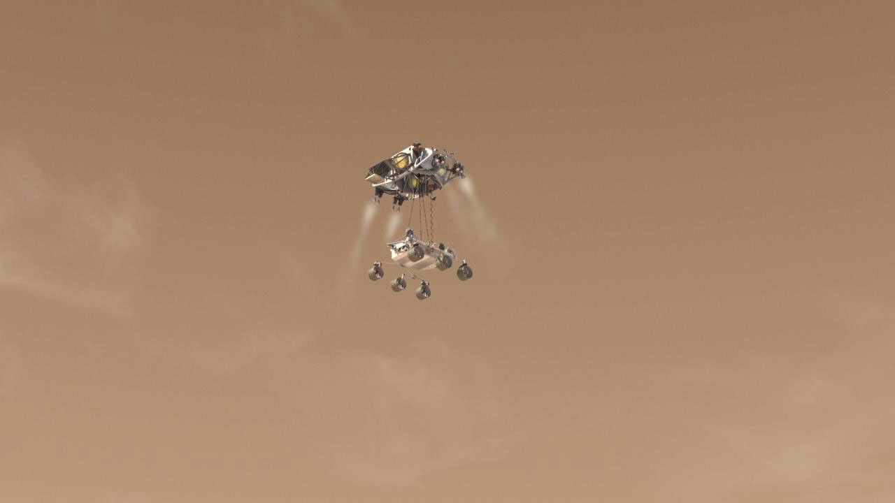 This artist's concept depicts Curiosity, the rover to be launched in 2011 by NASA's Mars Science Laboratory, as it is being lowered by the mission's rocket-powered descent stage during a critical moment of the 'sky crane' landing in 2012.