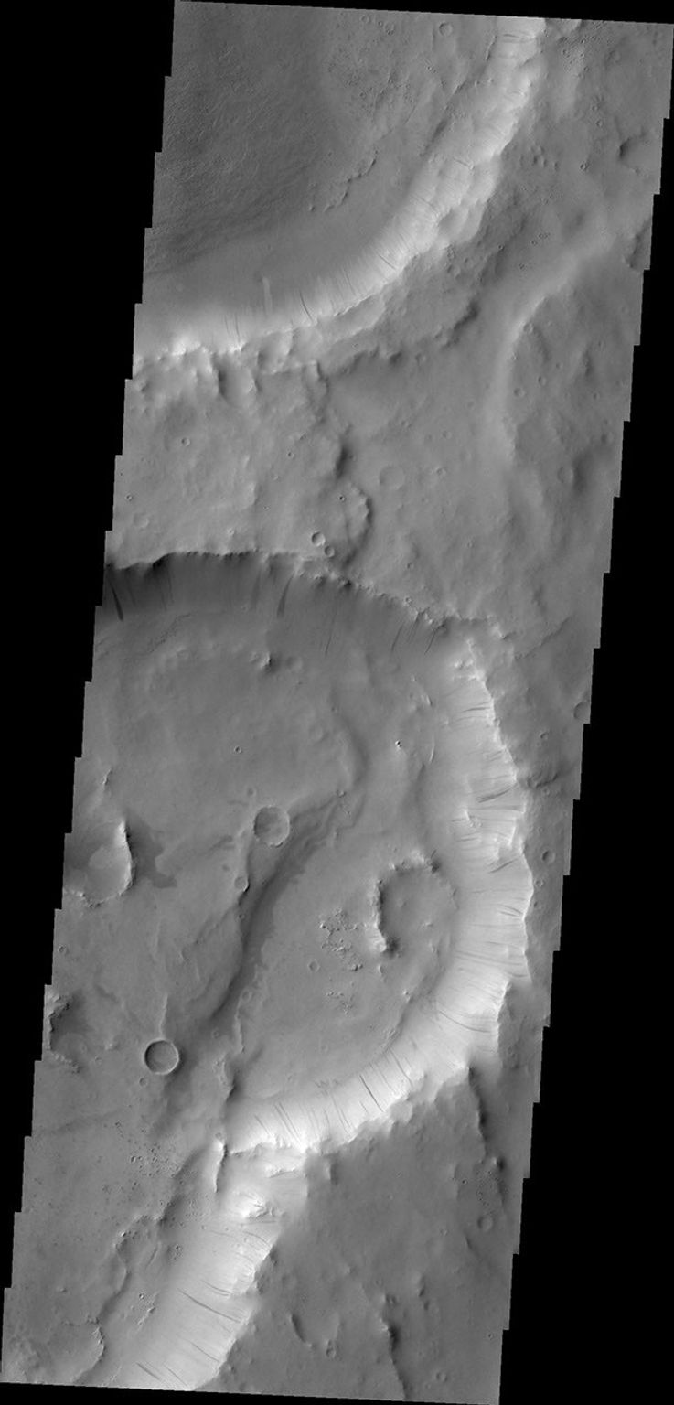 Dark slope streaks are visible on the rim of this crater in Terra Sabaea in this image captured by NASA's 2001 Mars Odyssey.