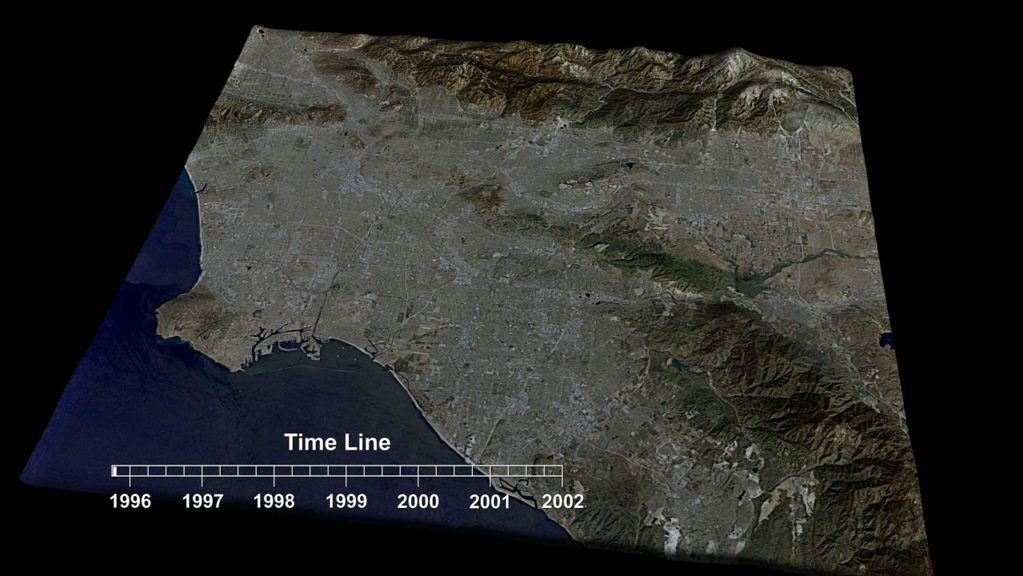 This frame from an animation depicts variations in surface elevation resulting from the discharge and recharge of groundwater basins in Southern California.