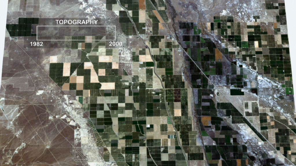 This frame from an animation depicts ground subsidence resulting from the extraction of oil. The oil fields are located near the community of Lost Hills, California, approximately 100 km northwest of Bakersfield.