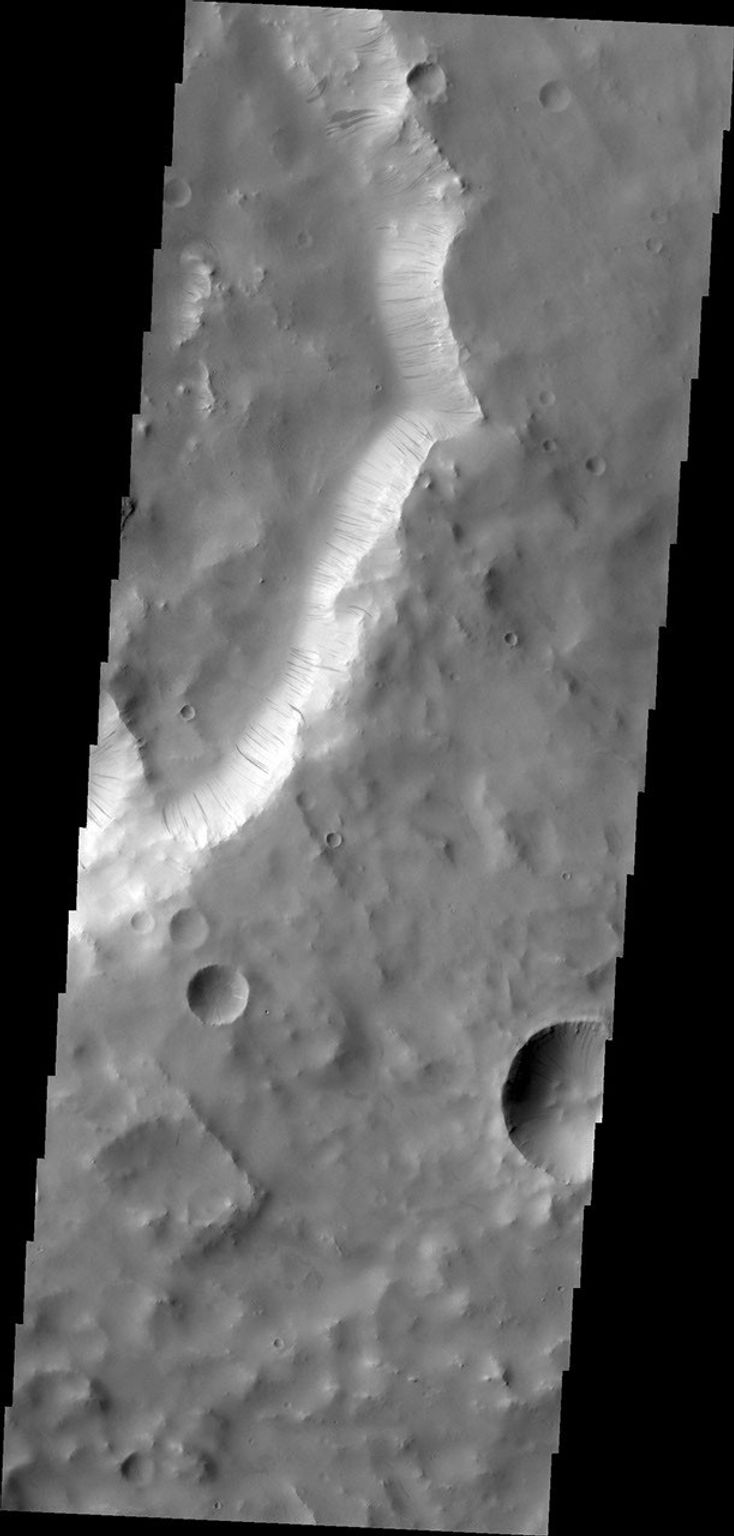 NASA's 2001 Mars Odyssey captured dark slope streaks, like the ones on the rim of an unnamed crater in Terra Sabaea, are thought to have been formed by material moving down slope due to gravity.