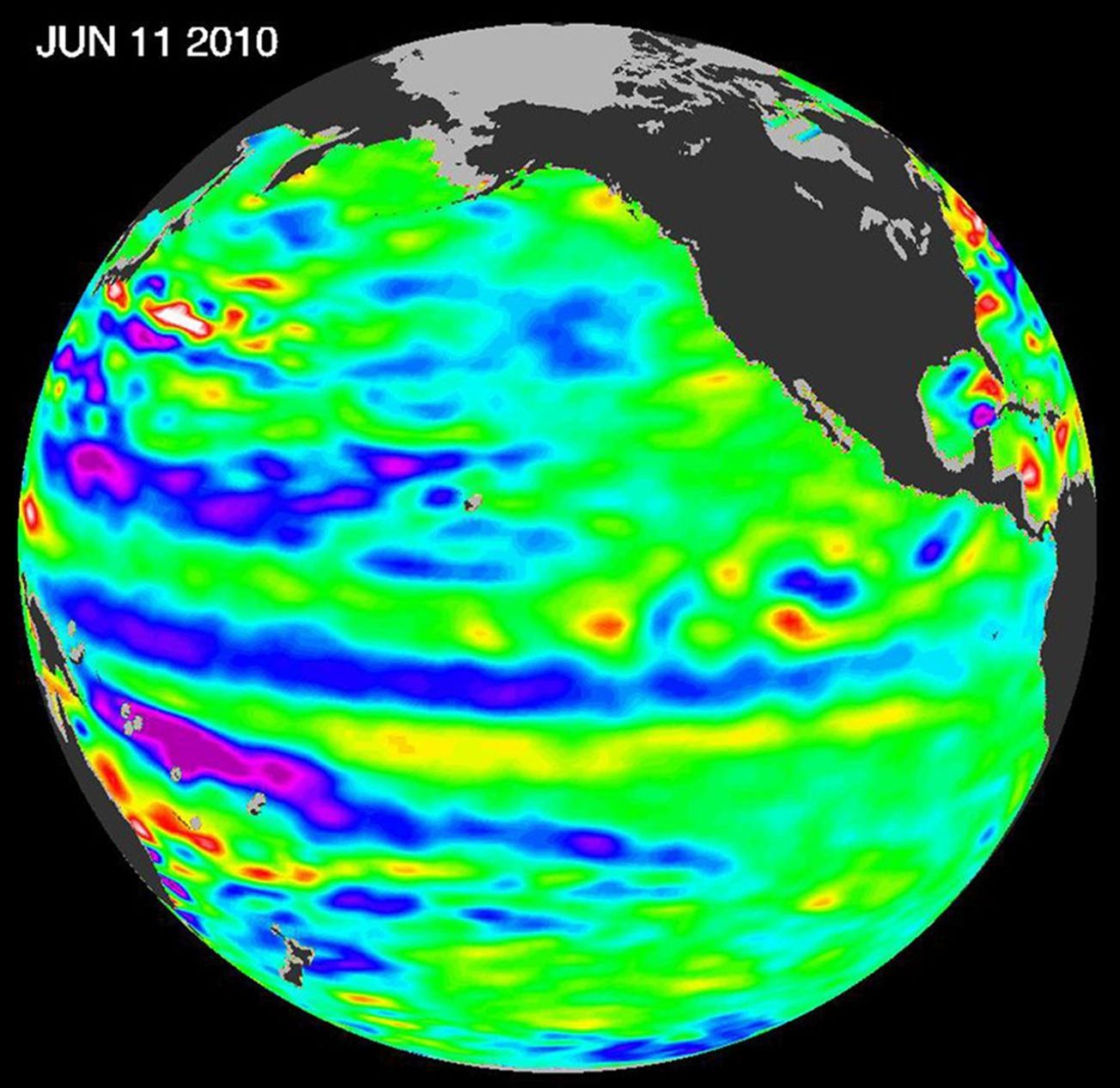This image from NASA's European Ocean Surface Topography Mission/Jason-2 shows that the moderate El Niño of the past year has officially bowed out, leaving his cool sibling, La Niña, poised to potentially take the equatorial stage.