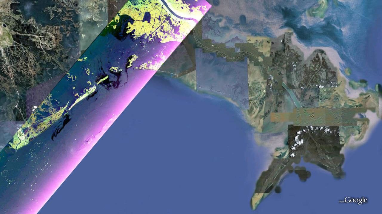 This false-color composite image from NASA's UAVSAR taken on June 23, 2010, shows the southern Louisiana coastline, covering the area around Grande Isle and the entrance to Barataria Bay.