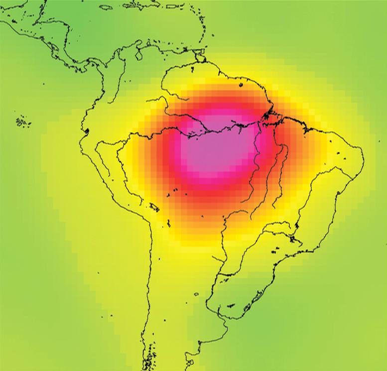 This image is from data taken by NASA's Gravity Recovery and Climate Experiment showing the Amazon basin in South America. The amount of water stored in the Amazon basin varies from month to month.Animations are available at the Photojournal.
