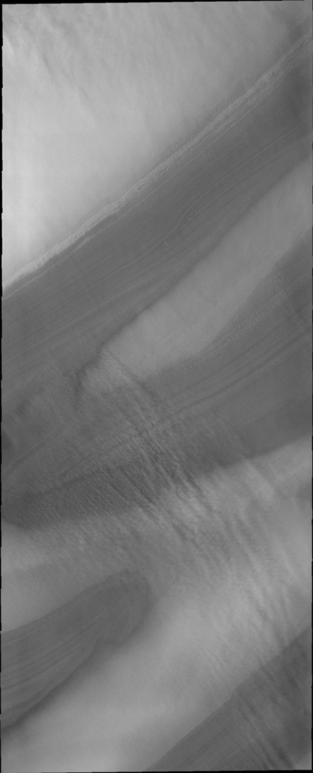 North polar troughs are the typical location to see evidence of strong polar surface winds. This image captured by NASA's 2001 Mars Odyssey shows 'streamers' of clouds created by catabatic winds.