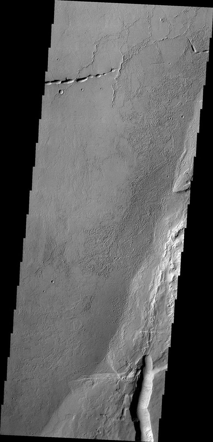Echus Chasma separates the Tharsis region from Lunae Planum. This image from NASA's 2001 Mars Odyssey shows volcanic flow materials from Tharsis within the chasma.