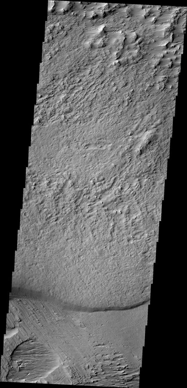 The region southwest of Olympus Mons is covered with materials that have been eroded by the wind. Surface materials in this area indicate wind action in many different directions as shown in this image from NASA's Mars Odyssey.