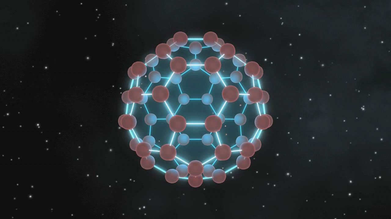 This image illustrates that buckyballs -- discovered in space by NASA's Spitzer Space Telescope -- closely resemble old fashioned, black-and-white soccer balls, only on much smaller scales.