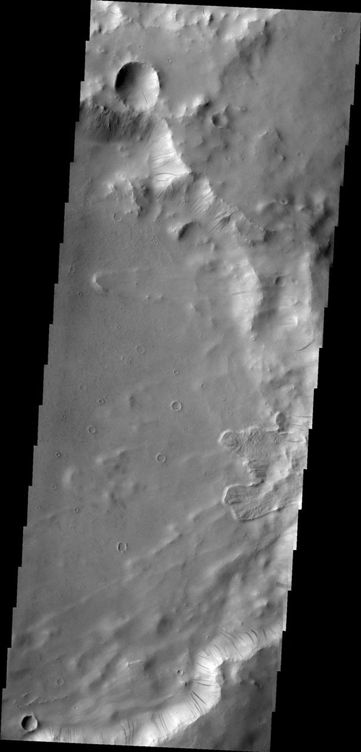 Dark slope streaks mark the rim of this unnamed crater in Terra Sabaea captured by NASA's Mars Odyssey.